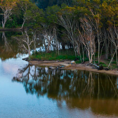 Trees and reflections in the lagoon in the early morning light