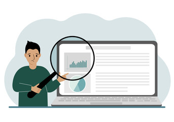 A man shows a report, a presentation on a laptop with a magnifying glass vector illustration. Financial business analysis, audit, planning concept.