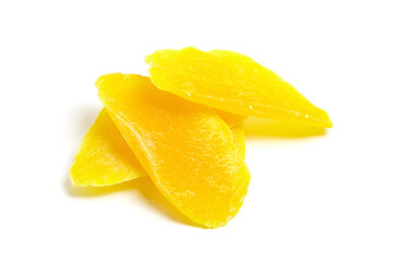 Fototapeta na wymiar Dried mango slices isolated on white background. Candied mango fruits