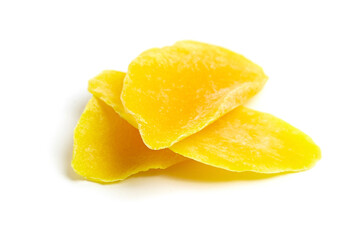 Dried mango slices isolated on white background. Candied mango fruits
