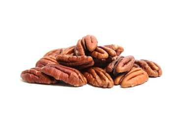 Peeled pecan nuts isolated on a white background. Heap of pecan halves