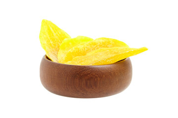 Fototapeta na wymiar Dried mango slices in wooden bowl isolated on white background. Candied mango fruits