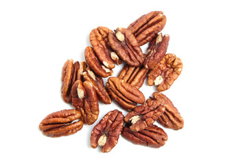 Peeled pecan nuts isolated on a white background, top view. Heap of pecan halves