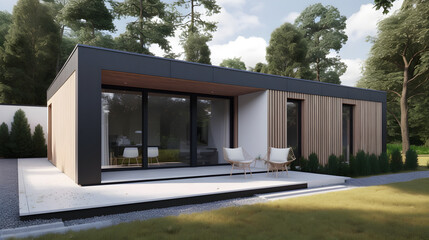 Illustration of a newly built small modern house with minimalistic nordic interior design - Alternative 3