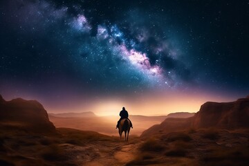 milkyway in a glass bottle 4K unreal engine octa, horse, silhouette, sunset, cowboy, animal, desert, christmas, sky, landscape,  generative ai