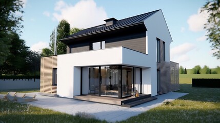Illustration of a newly built small modern house with minimalistic nordic interior design - Alternative 14