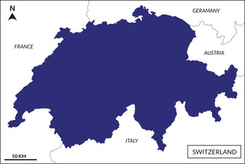 Switzerland map with blue color, high details include border country Germany, France, Italy and Austria 