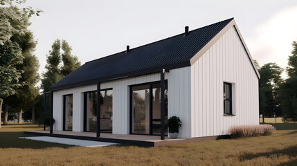 Fototapeta na wymiar Illustration of a newly built small modern house with minimalistic nordic interior design - Alternative 8
