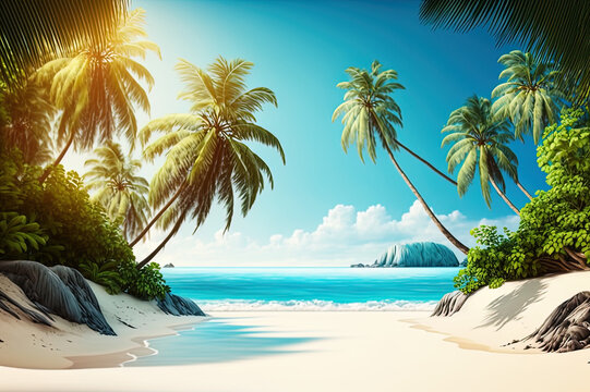 Sunny tropical Caribbean beach with palm trees and turquoise water, Caribbean island vacation, hot summer day . Genrartive Ai