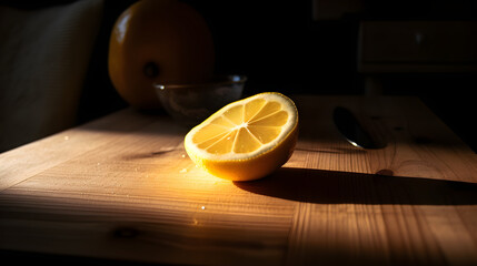 Cut lemon on a wooden table with good natural lighting, 35mm lens, f/1.8 - Alternative 2 - obrazy, fototapety, plakaty