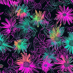 seamless design pattern featuring neon daisies on a black background