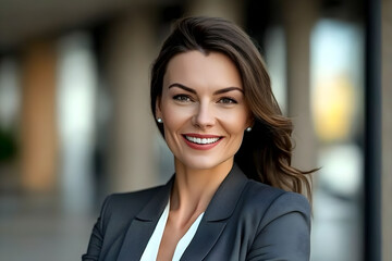 portrait of a businesswoman, smiley beautiful posing outdoors businesswoman, portrait of a smiling businesswoman