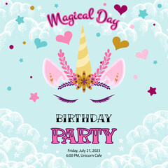 birthday card with cute unicorn and clouds, unicorn invitation, hand drawn unicorn poster design