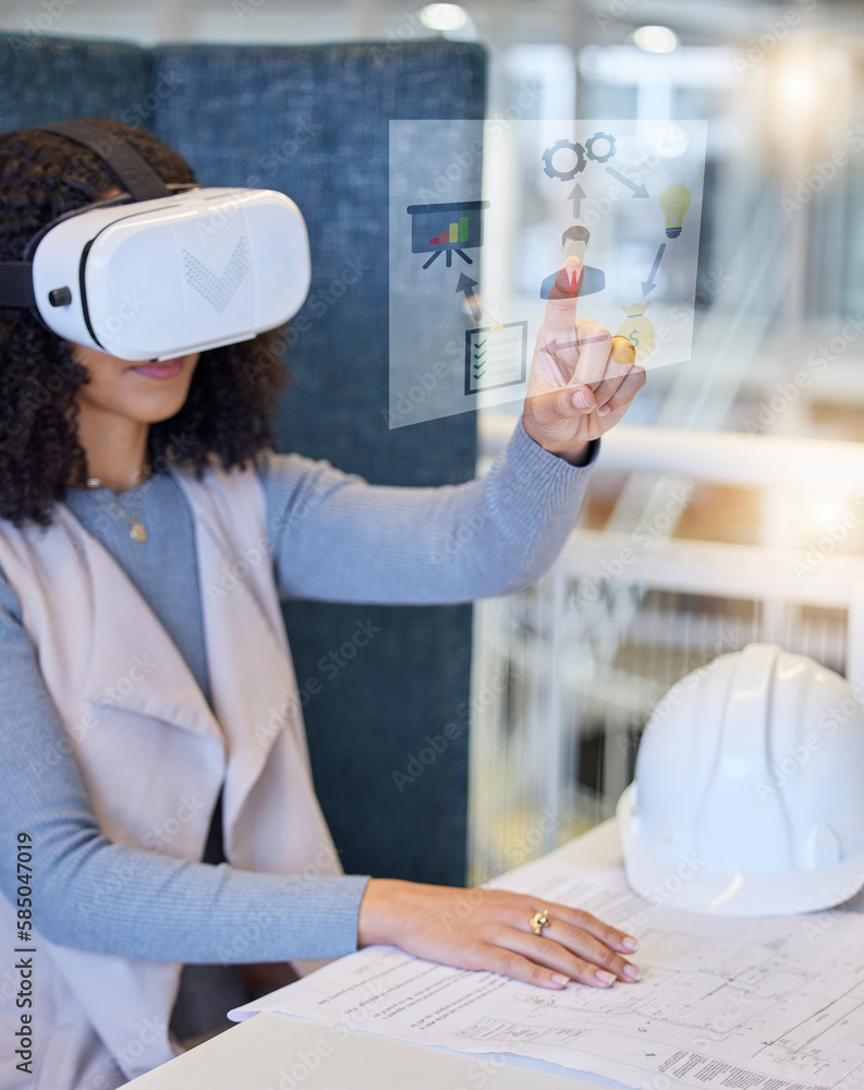 Poster woman, vr and construction with blueprint in planning, ui or ux for project strategy or hologram at 
