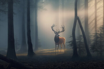 AI generated image wildlife of red deer with big antlers among trees at foggy morning