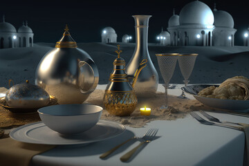 Fototapeta premium Close up variety of table with arabic food during iftar meal on ramadan AI generated
