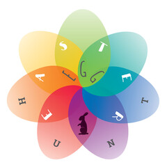 Easter Egg Hunt Circle Rainbow Style Creative Concept with Rabbit Egg Hunt Symbol and Logo Lettering - Multicolour Elements on White Background - Vector Hand Crafted Design