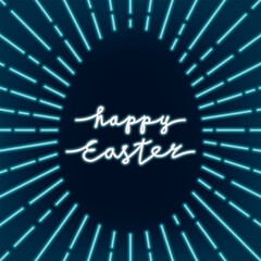 Happy Easter Neon Sign Style Logo Lettering Combined with Sunburst Rays Making Blank Egg Shape Creative Concept - Glowing Turquoise and White Elements on Dark Background - Hand Drawn Doodle Design