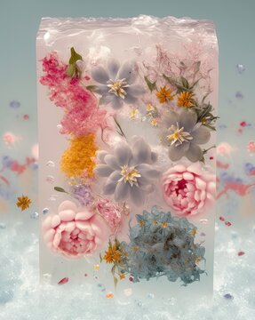 Creative flat lay natural spring thawing concept, fresh spring colorful flowers frozen in iceberg. Ice and flowers and leaves background. Generative AI.