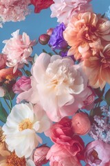 Spring background, flat lay concept of fresh Spring flowers vivid colors on a pastel blue background. Field flowers, roses and leaves. Generative AI.