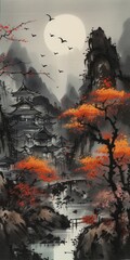 Chinese traditional landscape painting, with pavilions admist the mountain. Created by Generative AI technology.