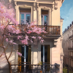 Fototapeta na wymiar oil painting illustration, paris in the beautiful spring, cherry blossom trees. Ai Generative