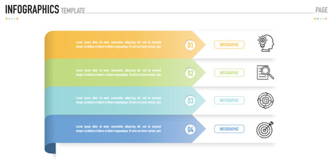 Origami ribbons infographic template or element as a vector with 4 step, process, 3D colorful bar, rectangle, funnel, folded paper, pencil, icons for sale slide, modern simple minimal style, target