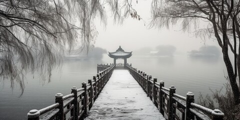 Chinese traditional bridge on the lake in winter scenery. Created by Generative AI technology.