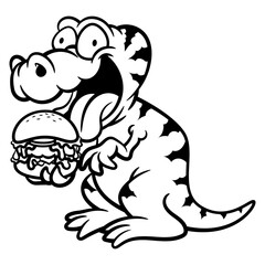 Fototapeta premium Cartoon illustration of Tyrannosaurus Rex eating a Big Hamburger. Best for outline, logo, and coloring book with fast food restaurant themes for Kids
