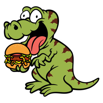 Cartoon illustration of Tyrannosaurus Rex eating a Big Hamburger. Best for sticker, logo, and mascot with fast food restaurant themes for Kids