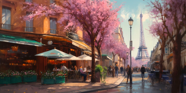 oil painting illustration, paris in the beautiful spring,  cherry blossom trees. Ai Generative