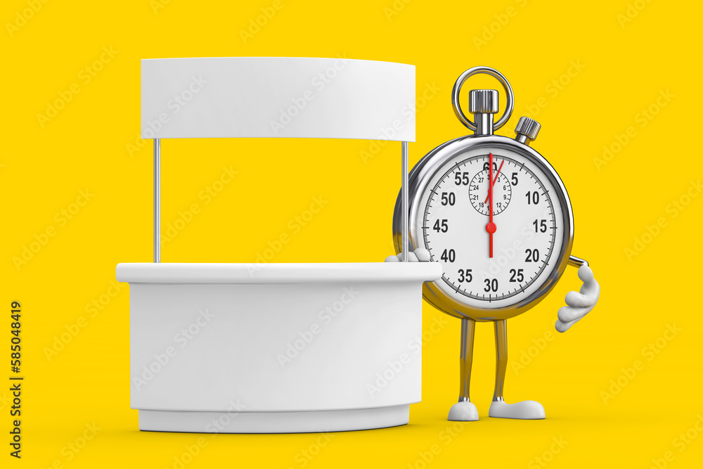 Poster Modern Stopwatch Cartoon Person Character Mascot near Blank Promotion Stand with Free Space for Your Design. 3d Rendering