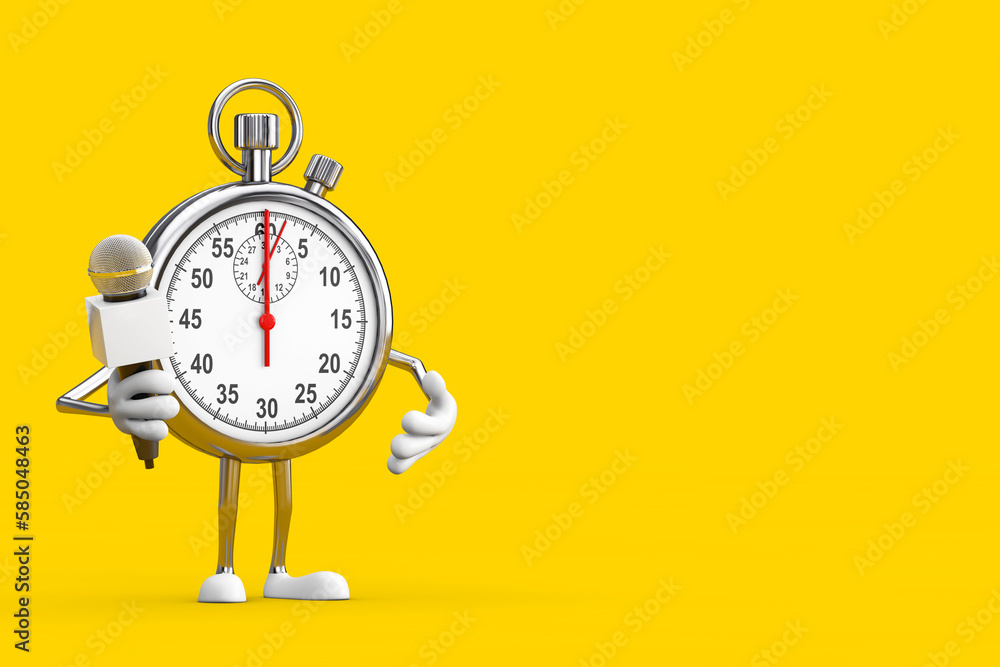 Poster modern stopwatch cartoon person character mascot with modern chrome microphone. 3d rendering