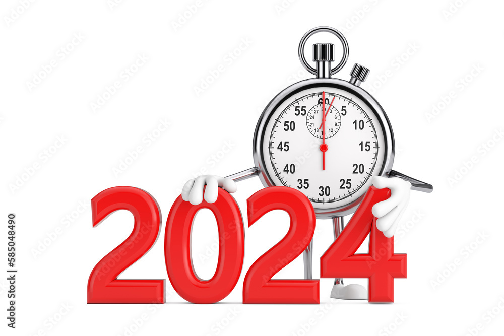 Poster modern stopwatch cartoon person character mascot with red 2024 new year sign. 3d rendering