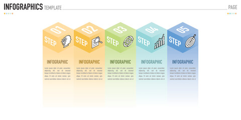 Isometric infographic template or element as vector with 5 step, process, option, colorful 3D cube, box, ladder, stair, origami, square, rectangle, icons, for sale slide, minimal, modern, simple style