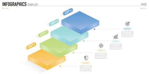 Isometric infographic template or element as a vector with 4 step, process, option, colorful 3D stair, ladder, pyramid, funnel, layer, icons, for sale slide, minimal modern simple style, rectangular