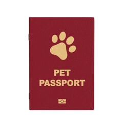 Red Pet Passport Document or Dog and Cat Transportation Certificate with Golden Paw on Cover. 3d Rendering