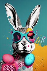 Fototapeta na wymiar Easter creative retro, contemporary abstract pop art collage style of colorful, vivid eggs, rabbit and spring flowers elements and traditional symbols background. Generative AI.