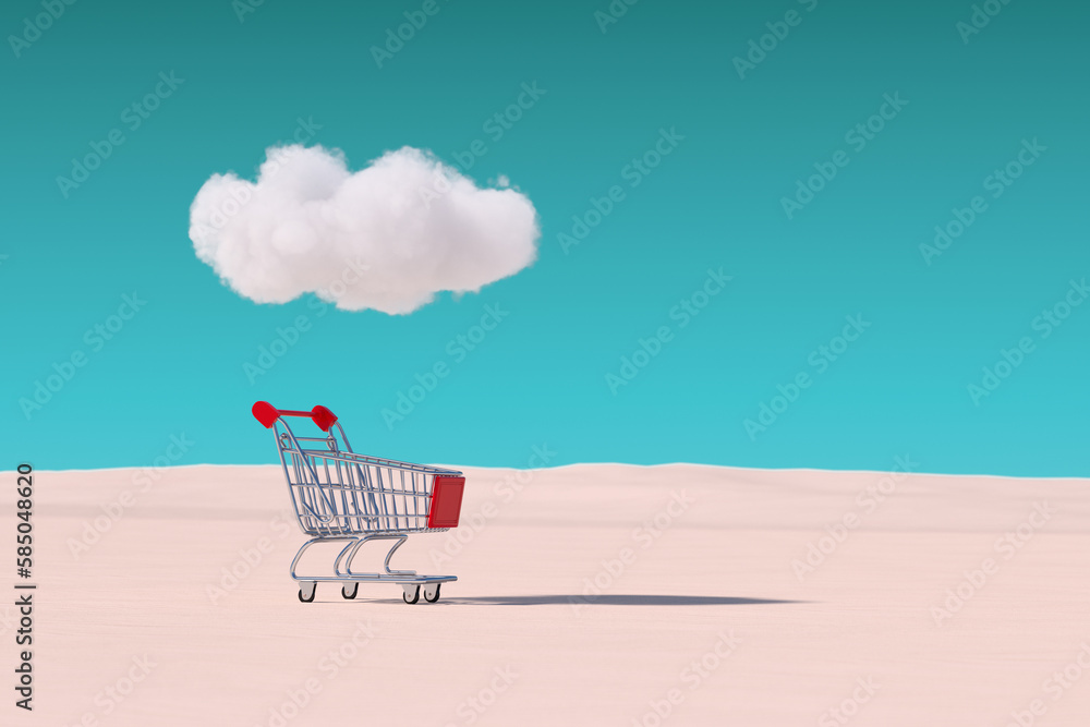 Poster trolley shopping cart under cloud in desert. 3d rendering