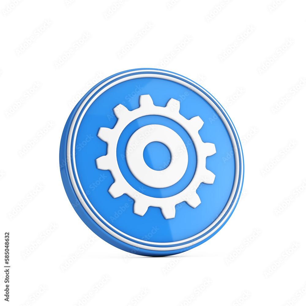 Poster white cog wheel gear icon in blue circle button. 3d rendering