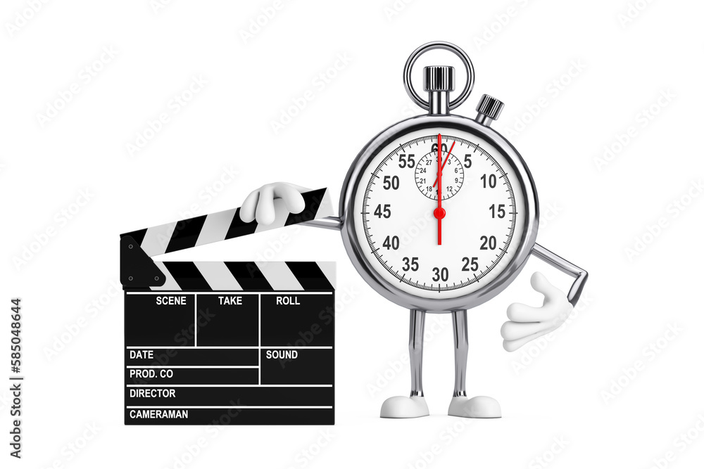Poster modern stopwatch cartoon person character mascot with movie clapper board. 3d rendering