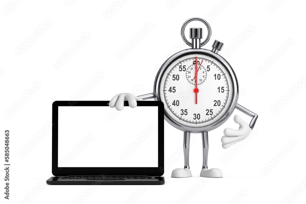 Poster Modern Stopwatch Cartoon Person Character Mascot  with Modern Laptop Computer Notebook and Blank Screen for Your Design. 3d Rendering