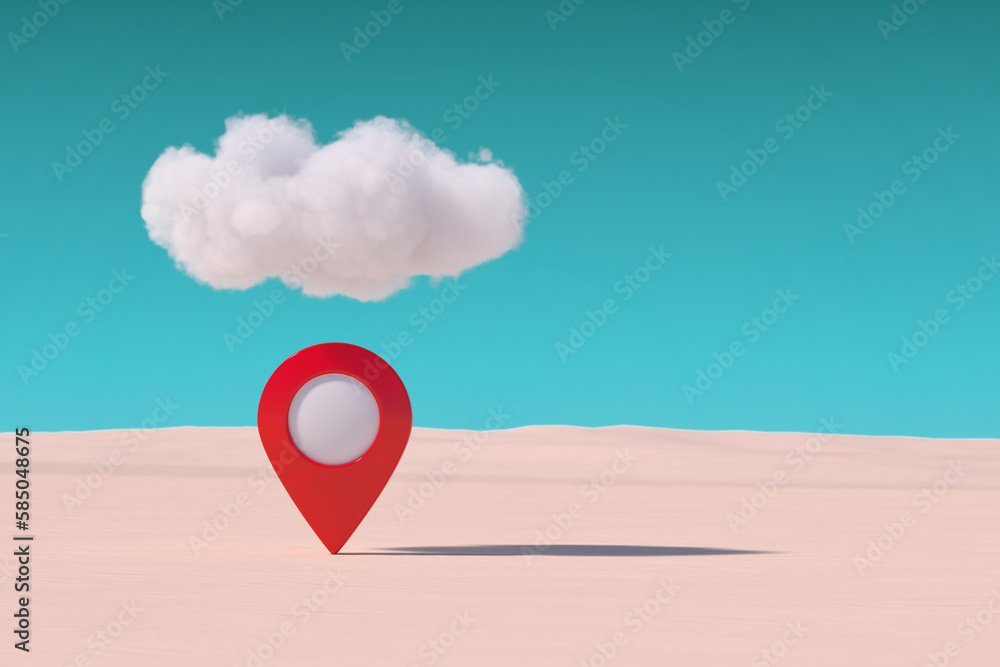 Poster red target map pointer pin under cloud in desert. 3d rendering