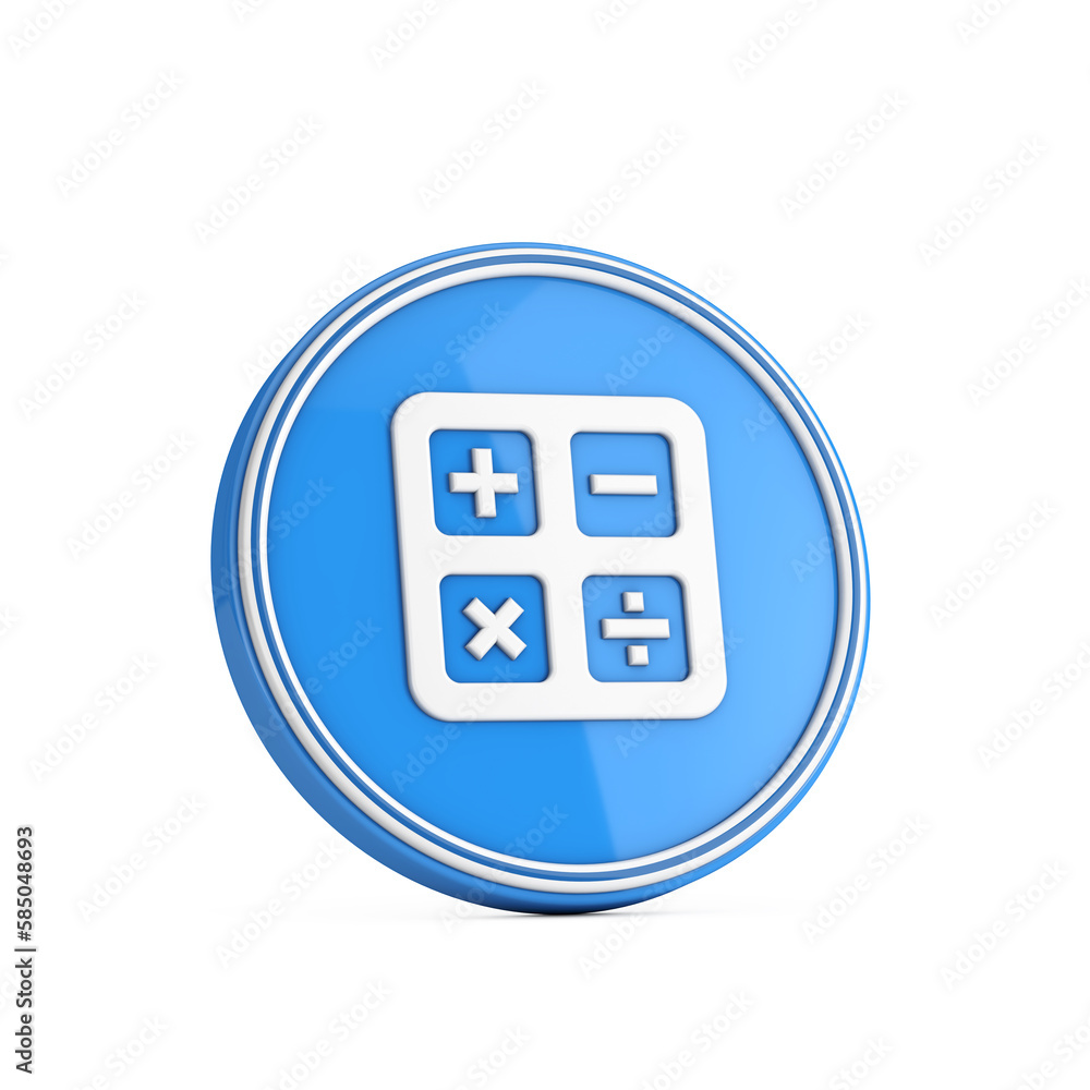 Poster white calculator icon in blue circle button. 3d rendering