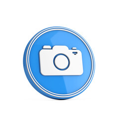 White Photo Camera Icon in Blue Circle Button. 3d Rendering