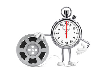 Modern Stopwatch Cartoon Person Character Mascot with Film Reel Cinema Tape. 3d Rendering
