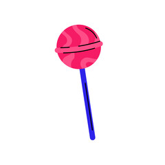 Lolly popsicle sucker for kids. Round candy on stick. Pink lollipop.