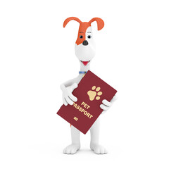 Cartoon Cute Dog Holding Red Pet Passport Document or Dog Transportation Certificate with Golden Paw on Cover. 3d Rendering