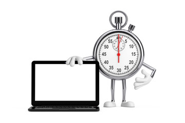 Modern Stopwatch Cartoon Person Character Mascot  with Modern Laptop Computer Notebook and Blank Screen for Your Design. 3d Rendering