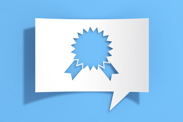 Award Ribbon Rosette Icon on Cutout White Paper Speech Bubble. 3d Rendering